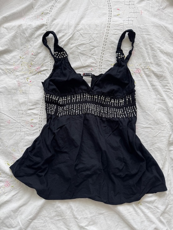 Morgan de Toi Tops - Morgan De Toi Silver Beaded Black Women's Camisole Babydoll Top